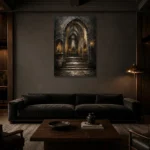 Candlelit Chapel Gothic Architecture Wall Art Canvas Print shown in a warm modern interior