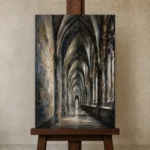 Vaulted Corridor Gothic Architecture Wall Art Canvas Print displayed on a studio easel