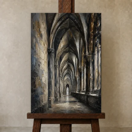 Vaulted Corridor Gothic Architecture Wall Art Canvas Print shown in Studio Easel