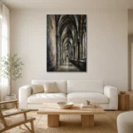 Vaulted Corridor Gothic Architecture Wall Art Canvas Print styled in a refined neutral interior
