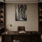 Vaulted Corridor Gothic Architecture Wall Art Canvas Print displayed in a contemporary gallery-inspired room