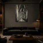 Vaulted Corridor Gothic Architecture Wall Art Canvas Print shown in a warm modern interior