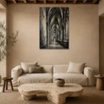 Vaulted Corridor Gothic Architecture Wall Art Canvas Print presented in a sophisticated home setting