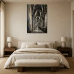 Vaulted Corridor Gothic Architecture Wall Art Canvas Print showcased in an elegant minimalist interior