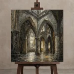 Cathedral Crossing Gothic Architecture Wall Art Canvas Print displayed on a studio easel
