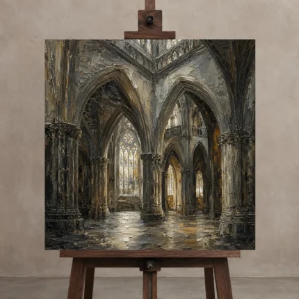 Cathedral Crossing Gothic Architecture Wall Art Canvas Print shown in Studio Easel