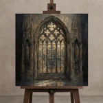 Stained Glass Sanctuary Gothic Architecture Wall Art Canvas Print displayed on a studio easel