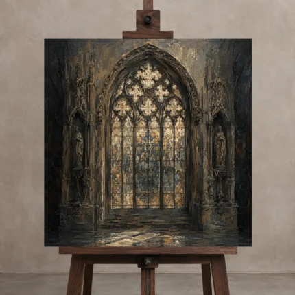 Stained Glass Sanctuary Gothic Architecture Wall Art Canvas Print displayed on a studio easel