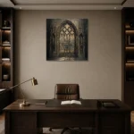 Stained Glass Sanctuary Gothic Architecture Wall Art Canvas Print displayed in a contemporary gallery-inspired room