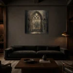 Stained Glass Sanctuary Gothic Architecture Wall Art Canvas Print shown in a warm modern interior