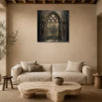 Stained Glass Sanctuary Gothic Architecture Wall Art Canvas Print presented in a sophisticated home setting