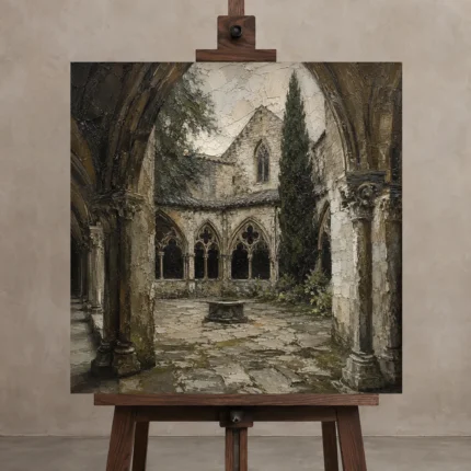 Cloister Courtyard Gothic Architecture Wall Art Canvas Print shown in Studio Easel