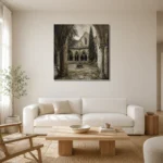 Cloister Courtyard Gothic Architecture Wall Art Canvas Print styled in a refined neutral interior