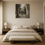 Cloister Courtyard Gothic Architecture Wall Art Canvas Print showcased in an elegant minimalist interior