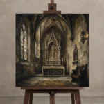 Sanctuary Altar Gothic Architecture Wall Art Canvas Print displayed on a studio easel