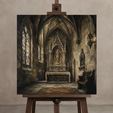 Sanctuary Altar Gothic Architecture Wall Art Canvas Print displayed on a studio easel