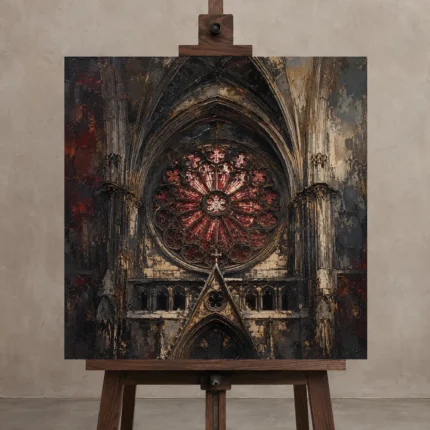 Crimson Rose Window Gothic Architecture Wall Art Canvas Print shown in Studio Easel
