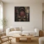 Crimson Rose Window Gothic Architecture Wall Art Canvas Print styled in a refined neutral interior