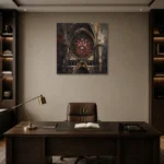 Crimson Rose Window Gothic Architecture Wall Art Canvas Print displayed in a contemporary gallery-inspired room