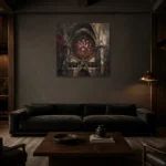 Crimson Rose Window Gothic Architecture Wall Art Canvas Print shown in a warm modern interior