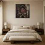 Crimson Rose Window Gothic Architecture Wall Art Canvas Print showcased in an elegant minimalist interior