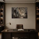 Grand Nave Gothic Architecture Wall Art Canvas Print displayed in a contemporary gallery-inspired room