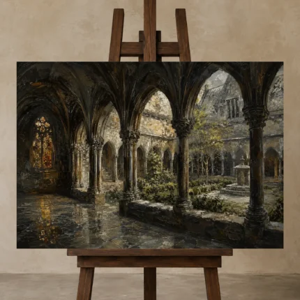 Cloister Garden Gothic Architecture Wall Art Canvas Print shown in Studio Easel