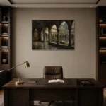 Cloister Garden Gothic Architecture Wall Art Canvas Print displayed in a contemporary gallery-inspired room