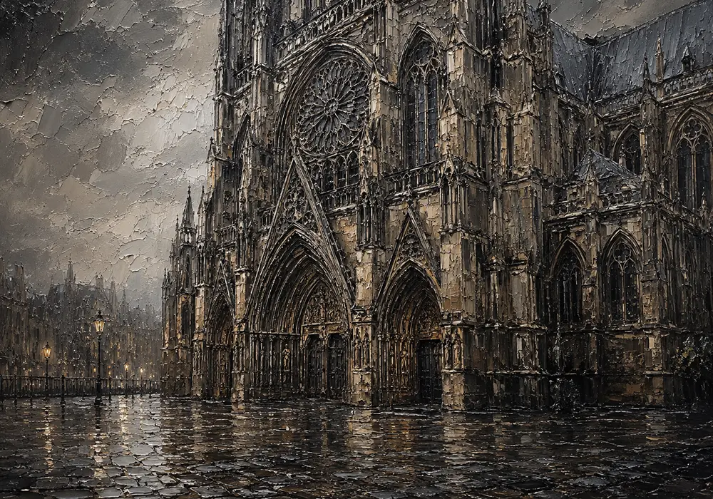 Rainlit Cathedral Gothic Architecture Wall Art Canvas Print