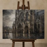 Rainlit Cathedral Gothic Architecture Wall Art Canvas Print displayed on a studio easel