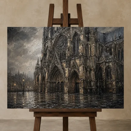 Rainlit Cathedral Gothic Architecture Wall Art Canvas Print displayed on a studio easel