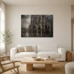 Rainlit Cathedral Gothic Architecture Wall Art Canvas Print styled in a refined neutral interior