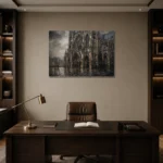 Rainlit Cathedral Gothic Architecture Wall Art Canvas Print displayed in a contemporary gallery-inspired room