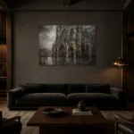 Rainlit Cathedral Gothic Architecture Wall Art Canvas Print shown in a warm modern interior