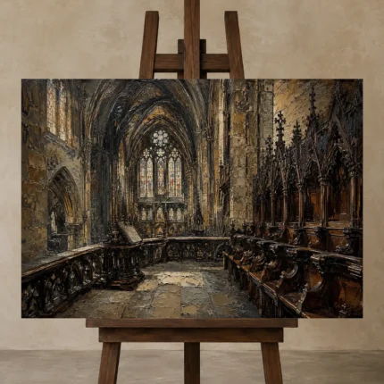 Choir Stalls Gothic Architecture Wall Art Canvas Print shown in Studio Easel