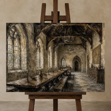 Great Hall Gothic Architecture Wall Art Canvas Print shown in Studio Easel