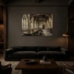 Great Hall Gothic Architecture Wall Art Canvas Print shown in a warm modern interior