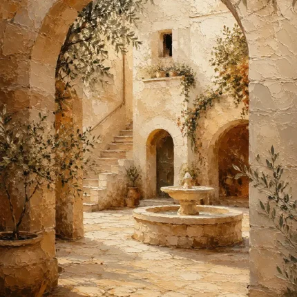 Sunlit Courtyard Mediterranean Architecture Wall Art Canvas Print