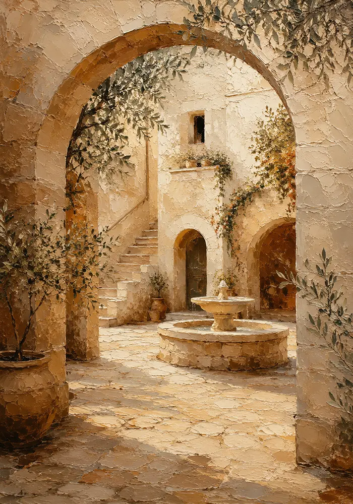 Sunlit Courtyard Mediterranean Architecture Wall Art Canvas Print