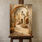 Sunlit Courtyard Mediterranean Architecture Wall Art Canvas Print displayed on a studio easel