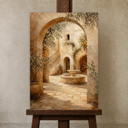 Sunlit Courtyard Mediterranean Architecture Wall Art Canvas Print shown in Studio Easel