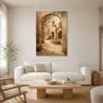 Sunlit Courtyard Mediterranean Architecture Wall Art Canvas Print styled in a refined neutral interior