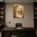 Sunlit Courtyard Mediterranean Architecture Wall Art Canvas Print displayed in a contemporary gallery-inspired room