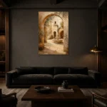 Sunlit Courtyard Mediterranean Architecture Wall Art Canvas Print shown in a warm modern interior
