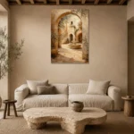 Sunlit Courtyard Mediterranean Architecture Wall Art Canvas Print presented in a sophisticated home setting