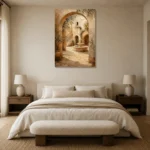 Sunlit Courtyard Mediterranean Architecture Wall Art Canvas Print showcased in an elegant minimalist interior