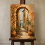 Sea View Archway Mediterranean Architecture Wall Art Canvas Print displayed on a studio easel