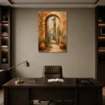 Sea View Archway Mediterranean Architecture Wall Art Canvas Print displayed in a contemporary gallery-inspired room