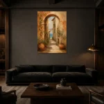 Sea View Archway Mediterranean Architecture Wall Art Canvas Print shown in a warm modern interior