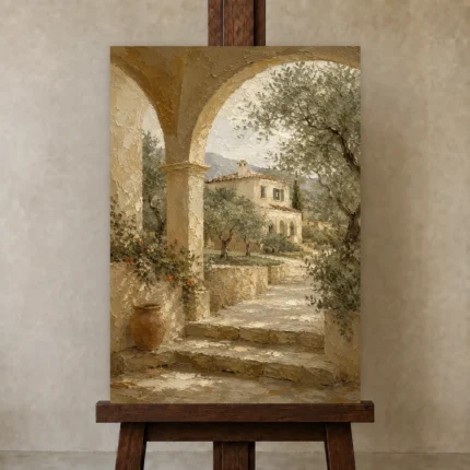 Olive Grove Villa Mediterranean Architecture Wall Art Canvas Print shown in Studio Easel